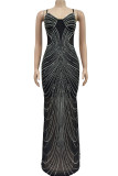 Black Sexy Patchwork See-through Hot Drill Spaghetti Strap Long Dress Dresses