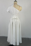 White Sweet Solid Patchwork Oblique Collar A Line Dresses