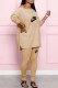 Khaki Casual Print Letter O Neck Long Sleeve Two Pieces