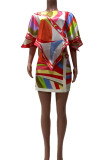 Multicolor Street Color Block Patchwork Boat Neck Half Sleeve Two Pieces