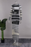 Grey Elegant Color Block Ripped Patchwork O Neck Long Dress Dresses