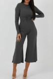 Dark Gray Elegant Solid Patchwork Zipper O Neck Regular Jumpsuits