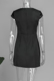 Black Sweet Solid Sequins Patchwork Pocket Zipper O Neck Wrapped Skirt Dresses