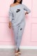 Grey Casual Print Letter O Neck Long Sleeve Two Pieces