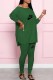 Green Casual Print Letter O Neck Long Sleeve Two Pieces