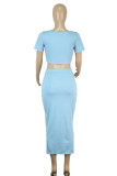 Sky Blue Sexy Solid Patchwork Slit Asymmetrical Collar Short Sleeve Two Pieces