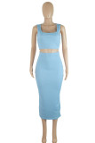Baby Blue Sexy Solid Patchwork Square Collar Sleeveless Two Pieces