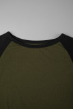Black Green Casual Color Block Patchwork Contrast O Neck Tops