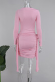 Pink Street Solid Patchwork Fold O Neck Wrapped Skirt Dresses