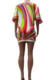 Multicolor Street Color Block Patchwork Boat Neck Half Sleeve Two Pieces