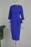Royal Blue Elegant Solid Patchwork Flounce Zipper O Neck Pencil Skirt Dresses