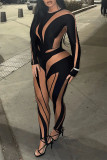 Black Sexy Color Block Patchwork See-through O Neck Long Sleeve Two Pieces
