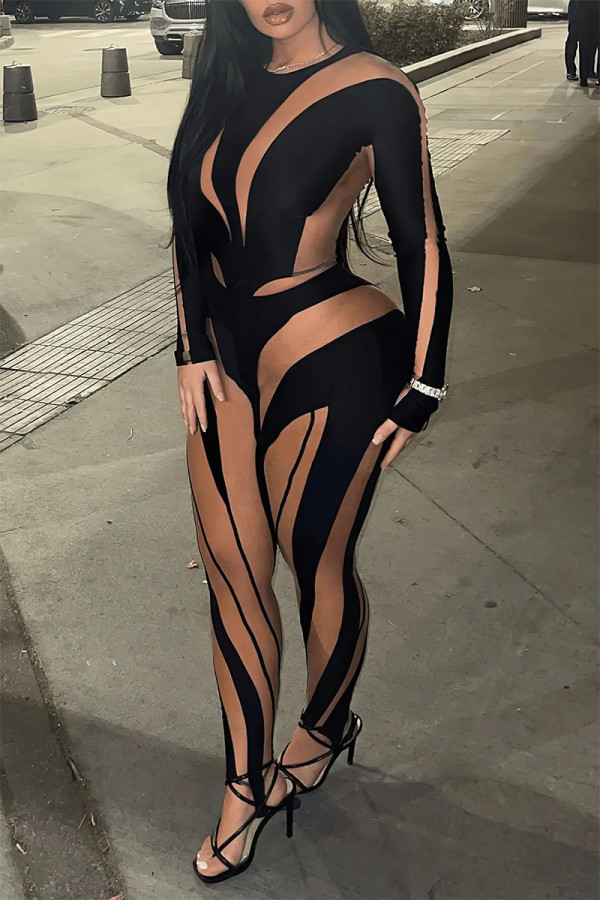 Black Sexy Color Block Patchwork See-through O Neck Long Sleeve Two Pieces