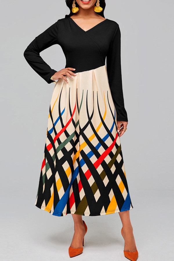 Black Elegant Print Patchwork V Neck Printed Dress Dresses