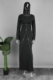 Black Casual Patchwork Contrast Hooded Collar Long Dress Dresses