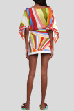 Multicolor Street Color Block Patchwork Boat Neck Half Sleeve Two Pieces