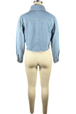 Blue Street Solid Patchwork Buckle Turndown Collar Long Sleeve Regular Denim Jacket
