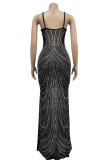 Black Sexy Patchwork See-through Hot Drill Spaghetti Strap Long Dress Dresses