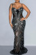 Black Sexy Patchwork See-through Hot Drill Spaghetti Strap Long Dress Dresses