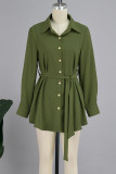 Army Green Casual Solid Bandage Patchwork Buckle Shirt Collar Shirt Dress Dresses