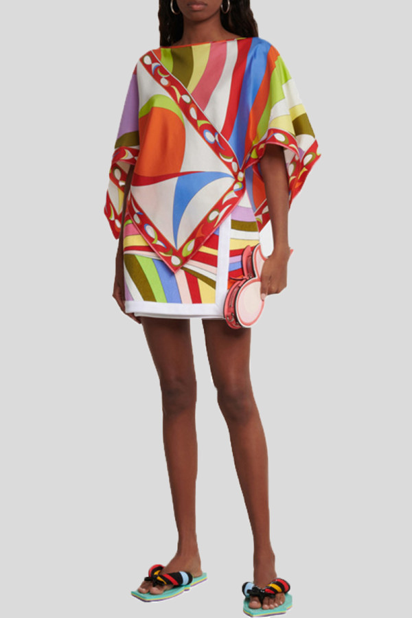 Multicolor Street Color Block Patchwork Boat Neck Half Sleeve Two Pieces