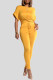 Yellow Casual Solid Patchwork Draw String Pocket O Neck Short Sleeve Two Pieces