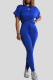Blue Casual Solid Patchwork Draw String Pocket O Neck Short Sleeve Two Pieces