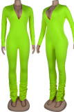 Fluorescent Green Sexy Solid Patchwork V Neck Skinny Jumpsuits