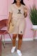 Cream White Casual Print Letter V Neck Short Sleeve Two Pieces