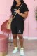 Black Casual Print Letter V Neck Short Sleeve Two Pieces