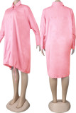 Pink Elegant Solid Patchwork Draw String Buckle Shirt Collar Lantern Skirt Dresses