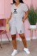 Grey Casual Print Letter V Neck Short Sleeve Two Pieces
