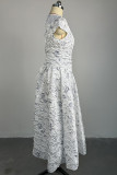 Silver White Sweet Print Patchwork Cross Straps O Neck A Line Dresses