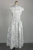 Silver White Sweet Print Patchwork Cross Straps O Neck A Line Dresses
