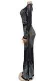 Black Elegant Patchwork See-through Hot Drill Zipper O Neck Long Dress Dresses