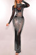 Black Elegant Patchwork See-through Hot Drill Zipper O Neck Long Dress Dresses