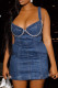 Blue Street Solid Patchwork Hot Drill Zipper Asymmetrical Collar Sleeveless Regular Denim Dresses