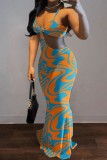 Orange Sexy Print Backless Spaghetti Strap Long Dress Dresses
