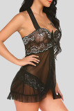 Black Sexy Lace Embroidered Patchwork With Bow Lingerie