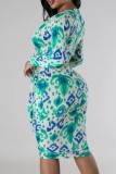 Red Casual Print Patchwork V Neck Long Sleeve Dresses