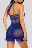 Blue Sexy Lace Embroidered Patchwork With Bow Lingerie