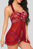Rose Red Sexy Lace Embroidered Patchwork With Bow Lingerie