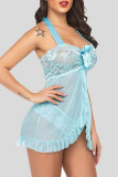 Blue Sexy Lace Embroidered Patchwork With Bow Lingerie