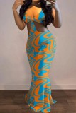 Orange Sexy Print Backless Spaghetti Strap Long Dress Dresses