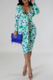 Red Casual Print Patchwork V Neck Long Sleeve Dresses
