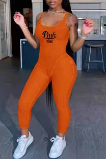 Tangerine Red Casual Print Letter U Neck Jumpsuits