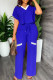 Blue Elegant Color Block Patchwork Draw String V Neck Short Sleeve Two Pieces
