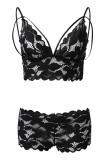 Black Sexy Solid Lace Hollowed Out Patchwork With Bow Lingerie