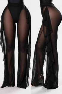 Black Sexy Solid Patchwork See-through Mesh Stringy Selvedge Loose High Waist Wide Leg Solid Color Bottoms