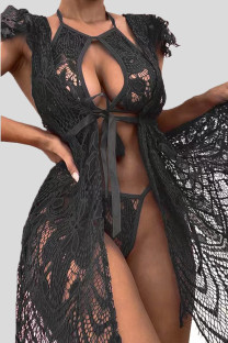 Black Sexy Solid Lace Bandage Patchwork(Three Pieces)